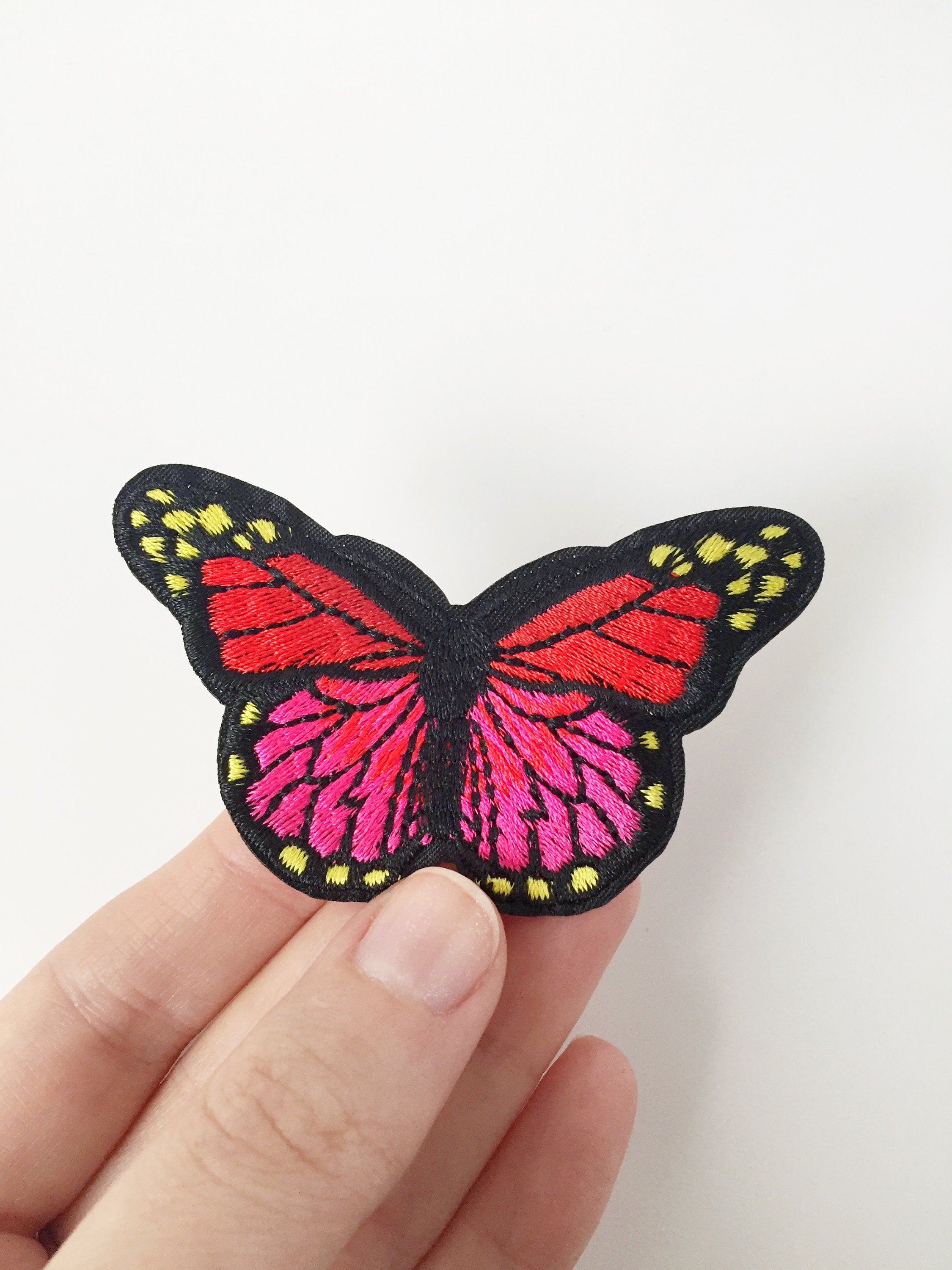Butterfly Iron-on Patch, Deep Pink Embroidered Butterfly Applique