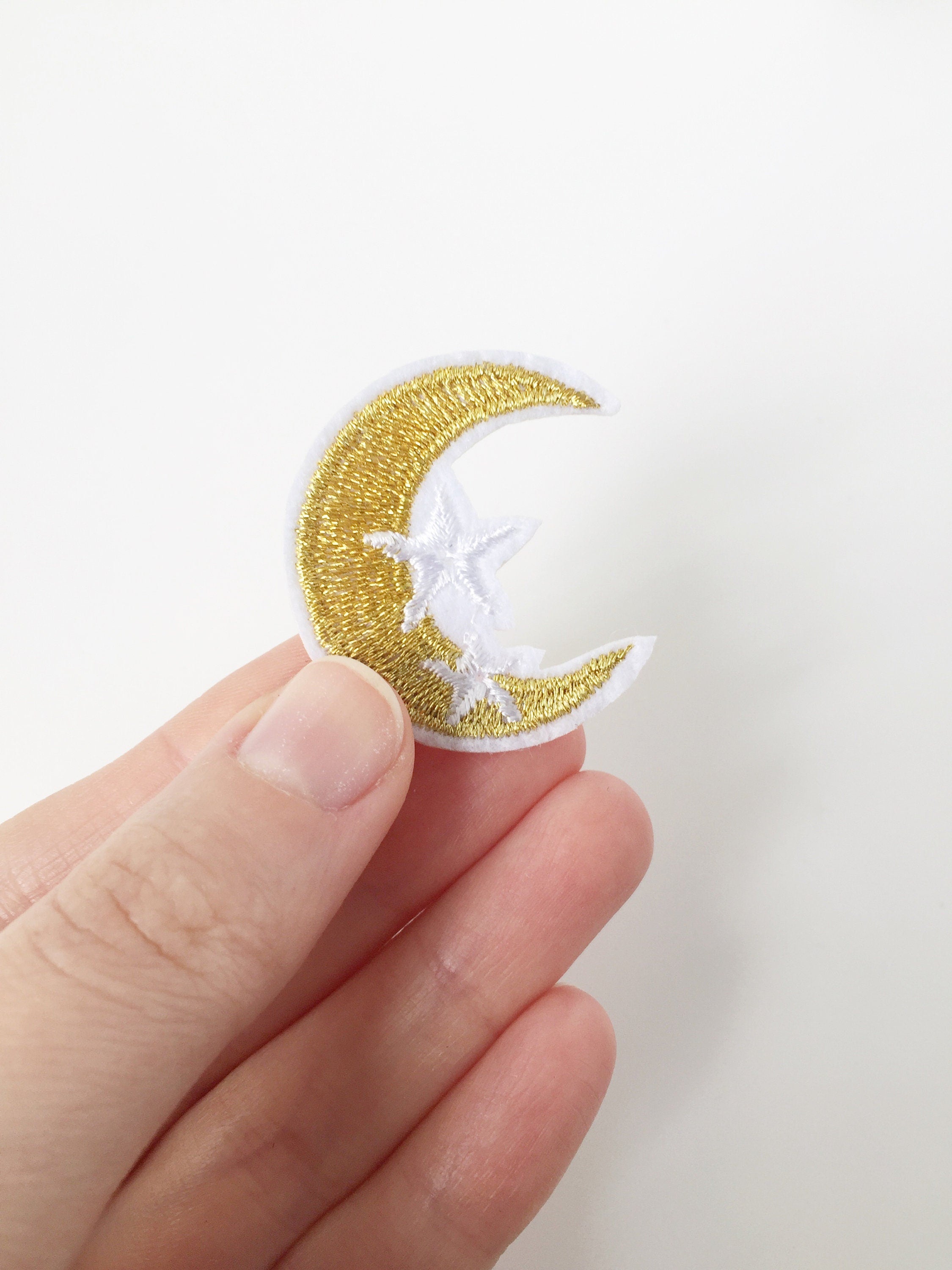 Gold Crescent Moon Iron-on Patch, Embroidered Moon and Stars Applique