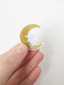Gold Crescent Moon Iron-on Patch, Embroidered Moon and Stars Applique