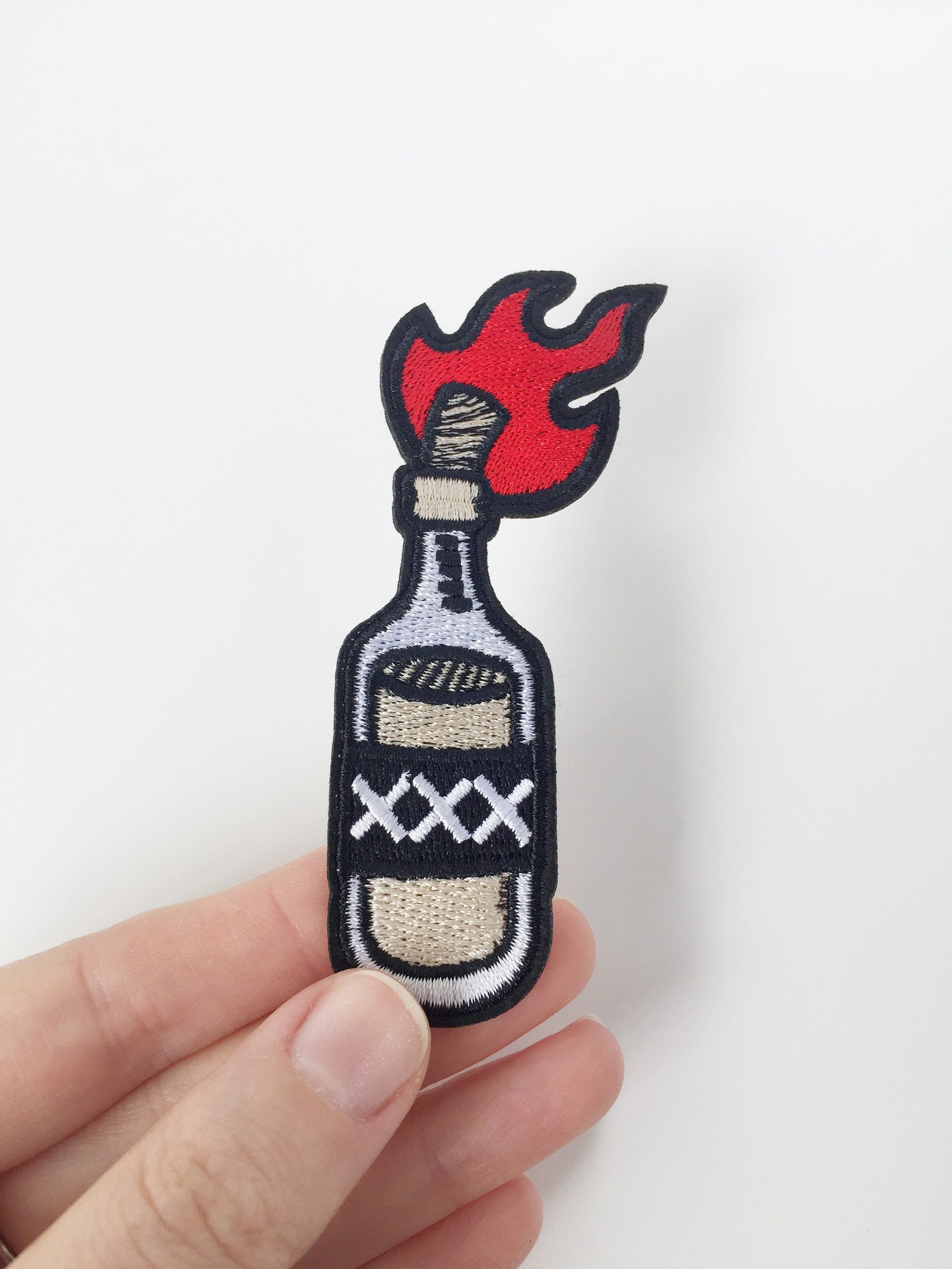 Flaming Spirit Bottle Iron-on Patch, Petrol Bomb Applique (P068)