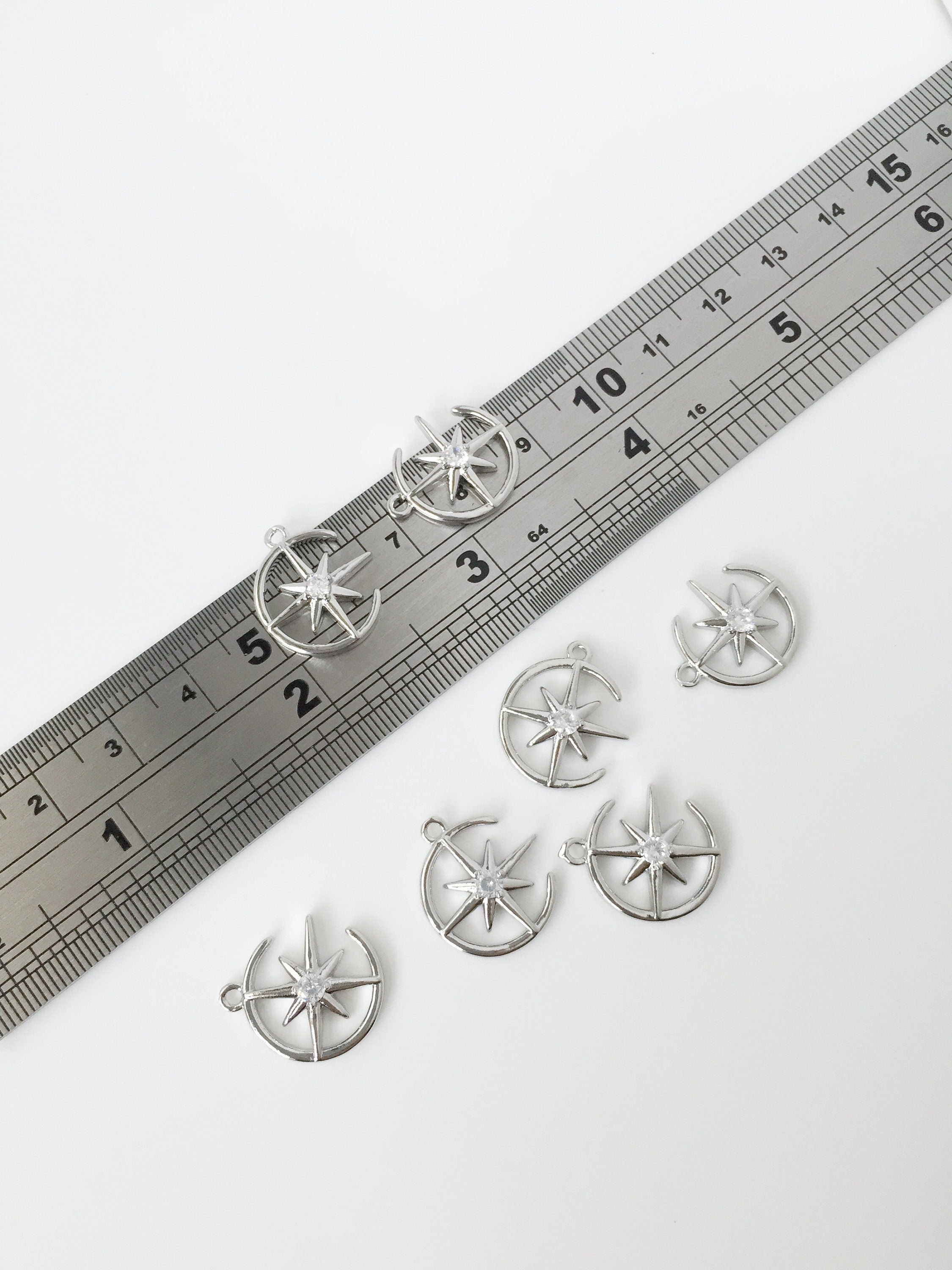 1 x Rhodium Plated Moon and Star Pendant with Cubic Zirconia, 15x17mm (2236)