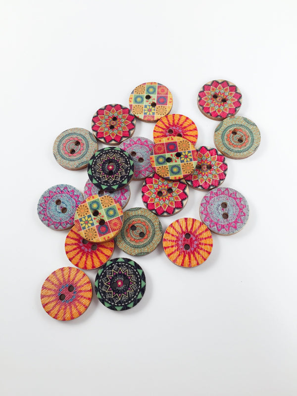 20 x Colourful Wooden Buttons, 19mm