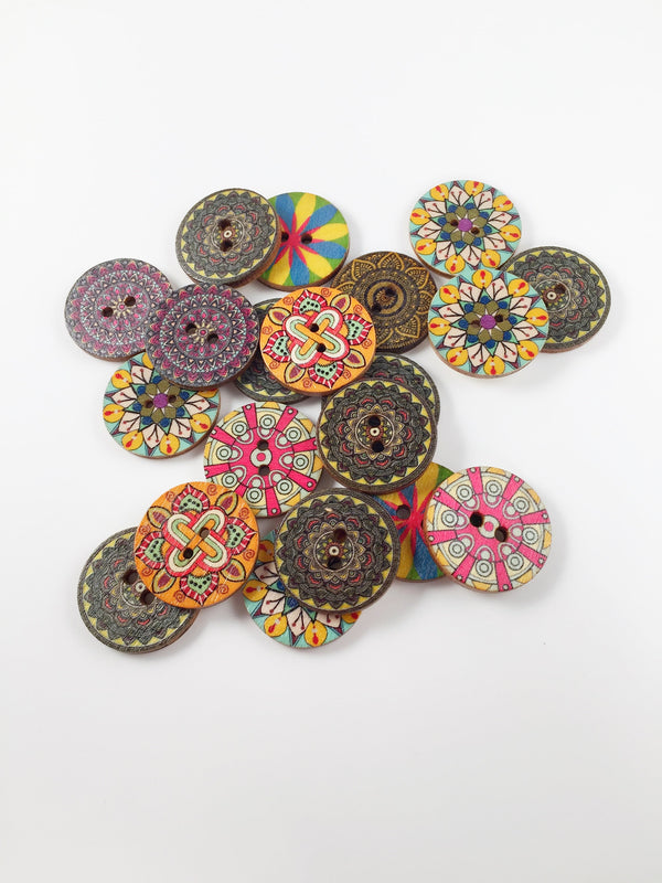 20 x Colourful Printed Wooden Buttons, 24mm