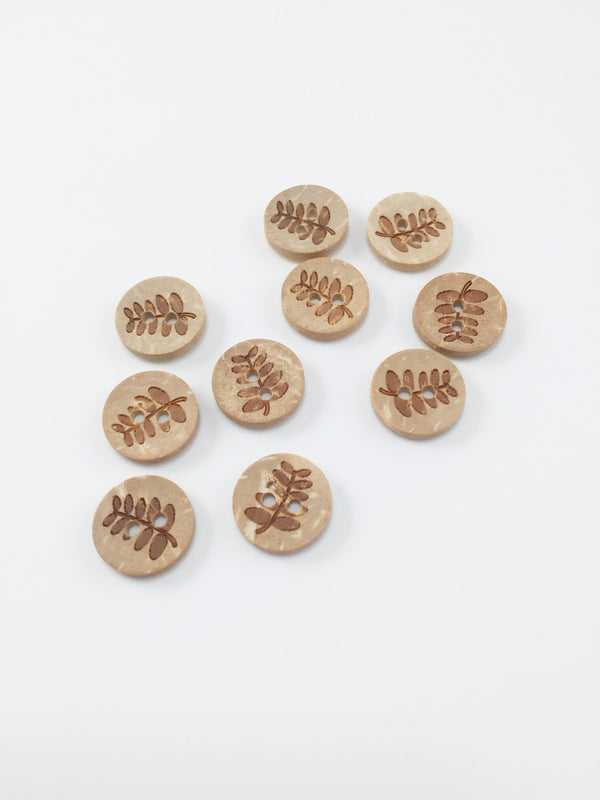 10 x Fern Leaf Coconut Shell Buttons, 13mm (2301)