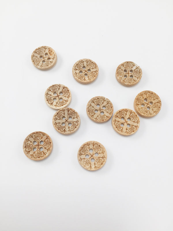 10 x Embossed Light Coconut Shell Buttons, 15mm (2310)