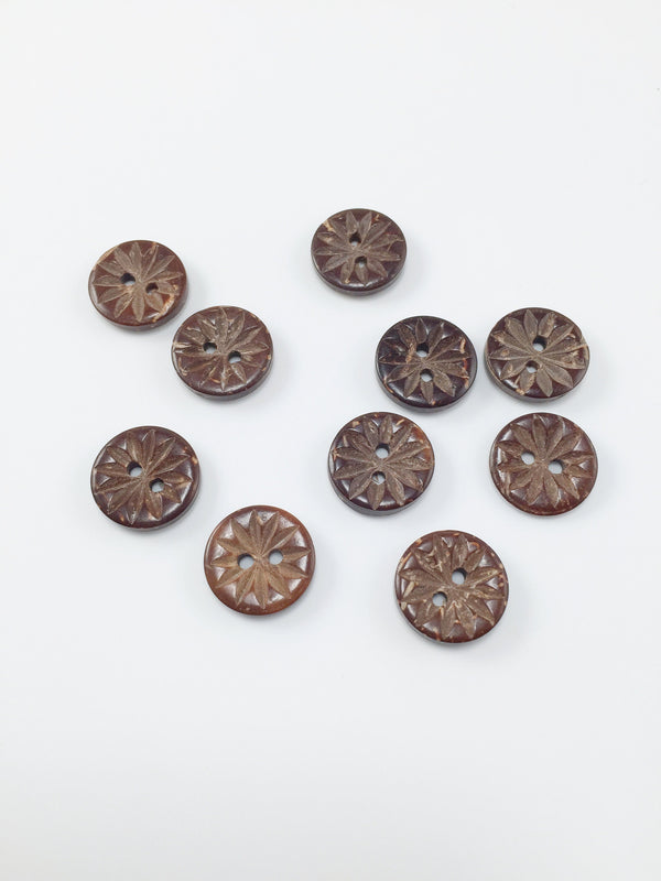 10 x Carved Star Coconut Shell Brown Wood Buttons, 13mm