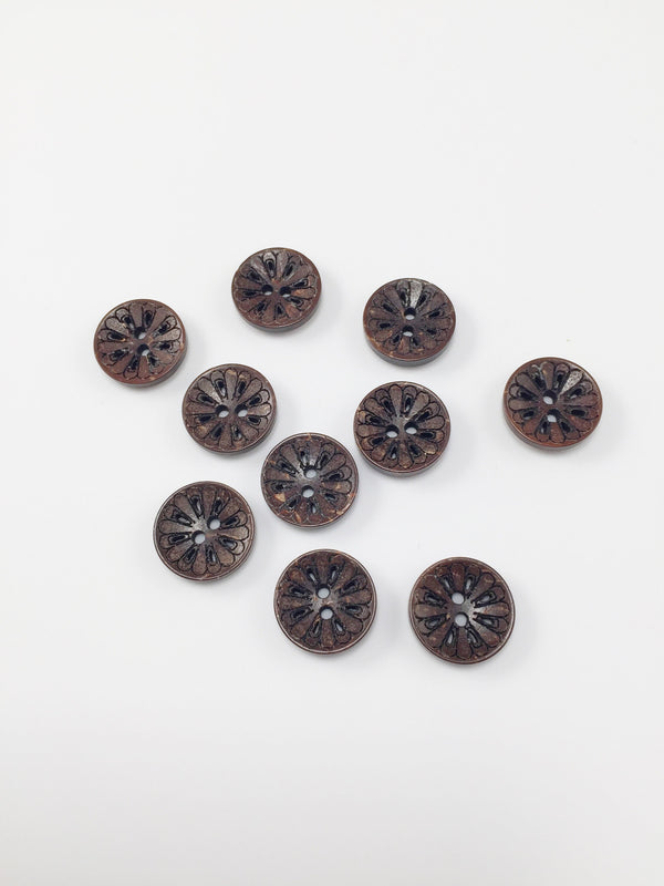 10 x Embossed Flower Coconut Shell Buttons, 13mm