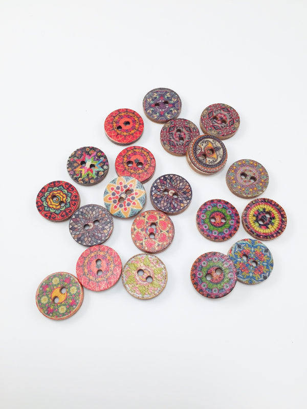 20 x Colourful Round Wooden Buttons with Printed Pattern, 15mm
