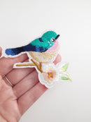 Blue Tit Iron-on Patch, Bluebird Badge, Embroidered Bird Motif