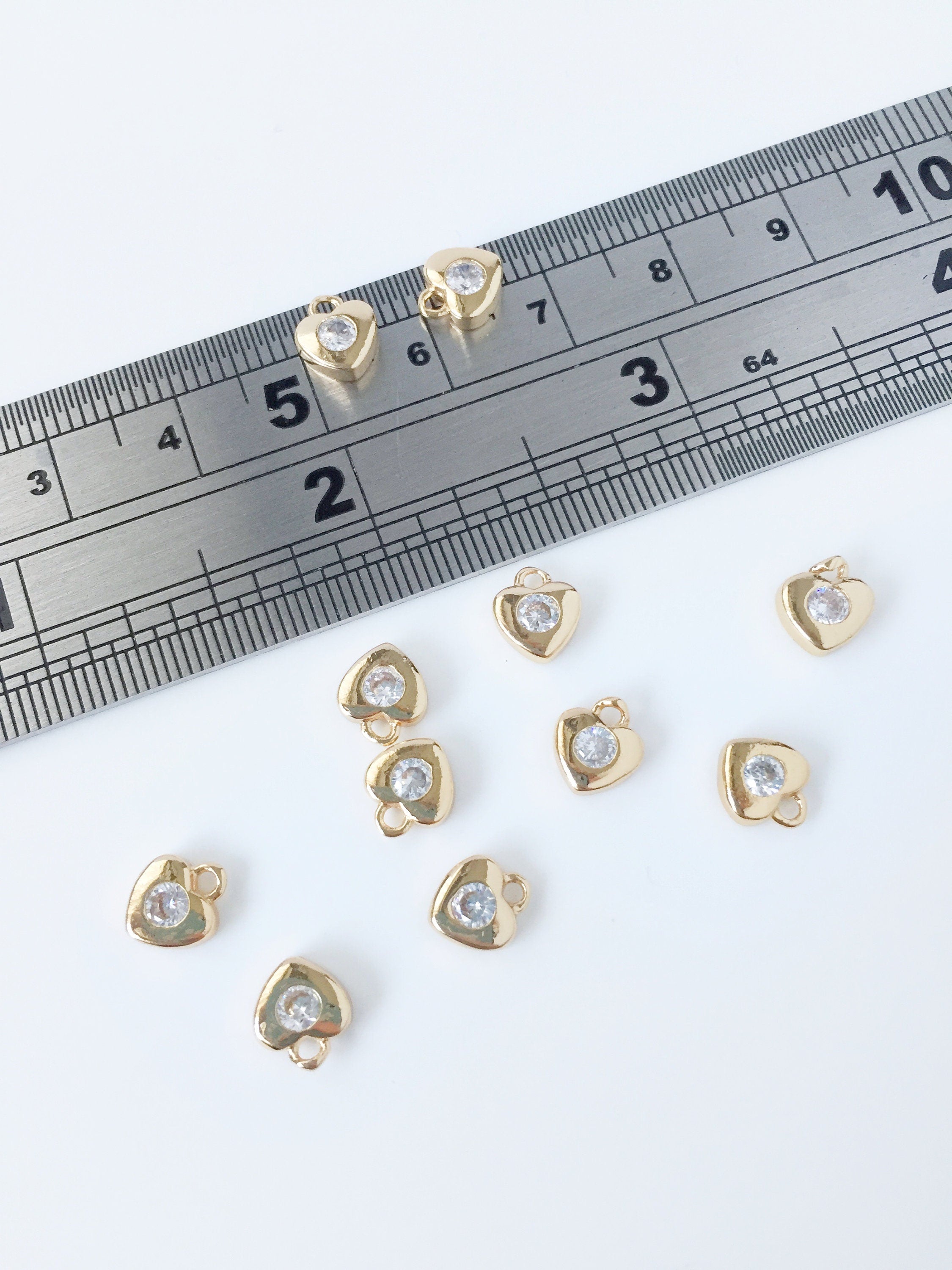 4 x Dainty Gold Plated Heart Pendants, Heart Charms with Cubic Zirconia, 7.5x6mm (2245)