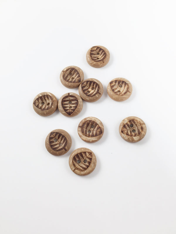 10 x Coconut Shell Embossed Leaf Buttons, 13mm