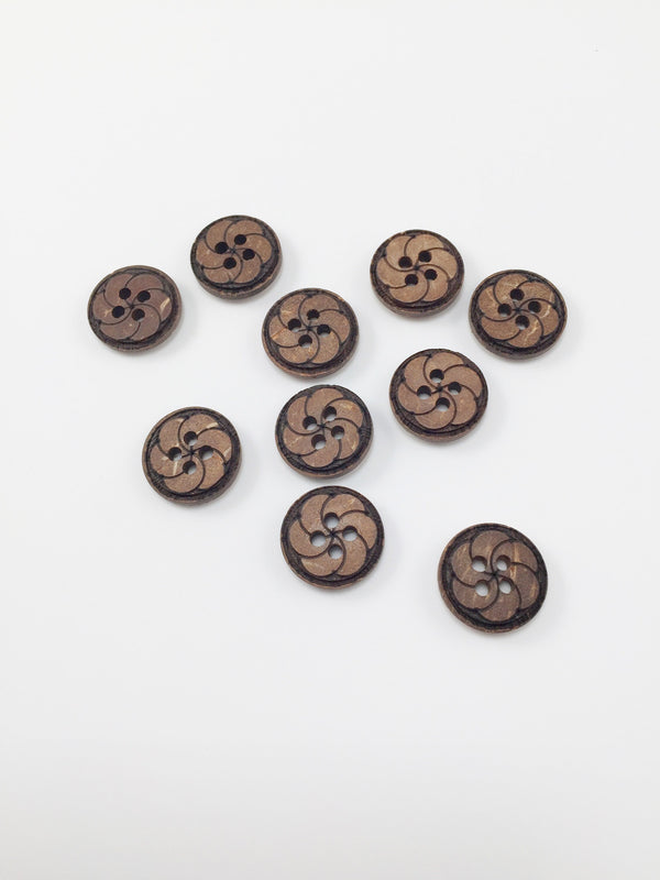 10 x Carved Flower Coconut Shell Buttons, 15mm Brown Wood Buttons with 4 Holes