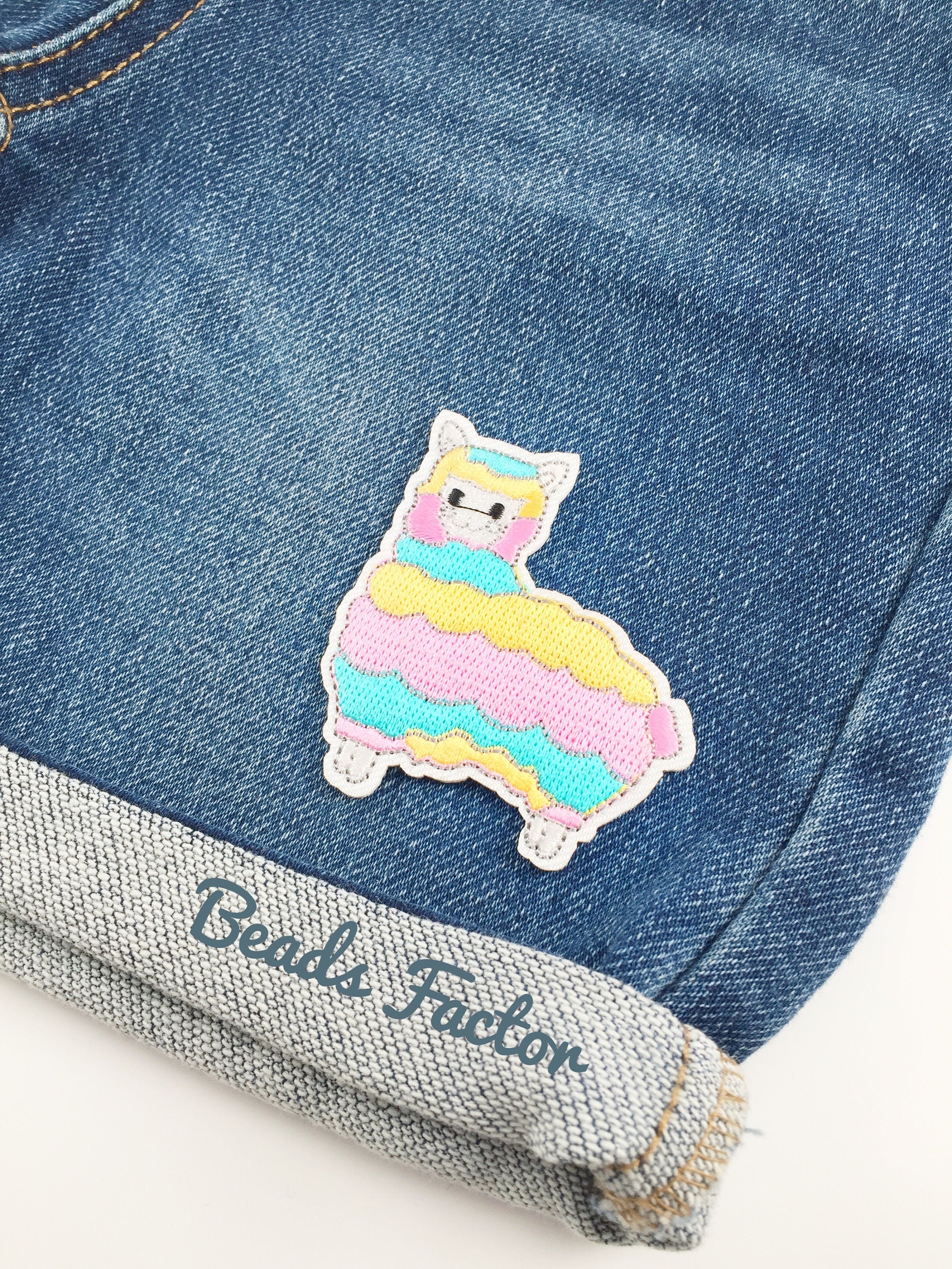 Pastel Rainbow Alpaca Iron-on Patch, Embroidered Llama Applique