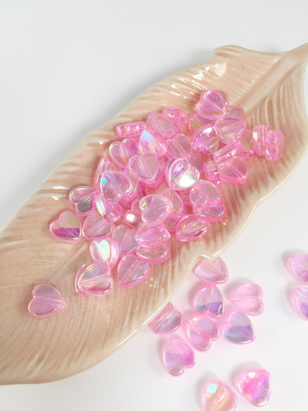 100 x Pearlescent Pink Flat Heart Beads, 9x8mm (3081)