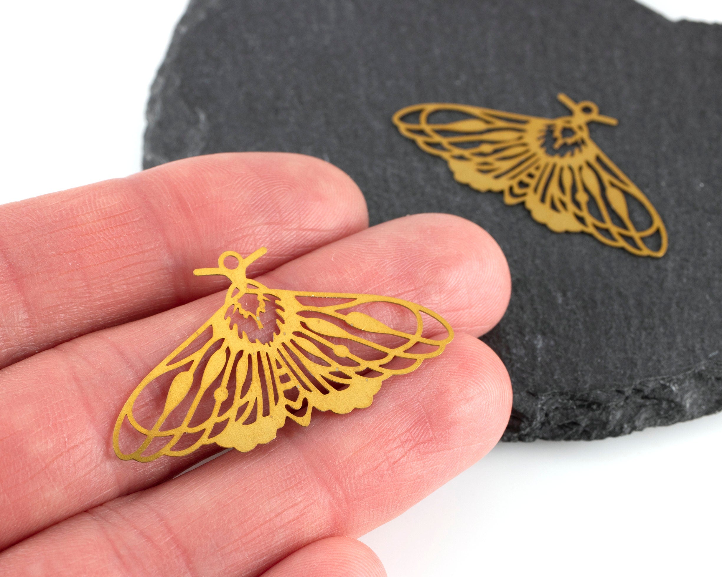 2 x Large Raw Brass Moth Pendants, 42x23mm Moth Filigree Charms (C0469)