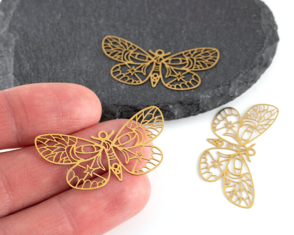 2 x Raw Brass Celestial Butterfly Pendants, 41x20mm (C0470)