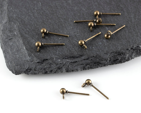 20 pairs x Bronze Ball Stud Earring Findings, 3mm Bronze Ball Ear Studs (2638)