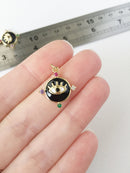 1 x 18K Gold Plated Evil Eye Charm with Black Enamel and Multicolour Cubic Zirconia, 20x17mm (1003)