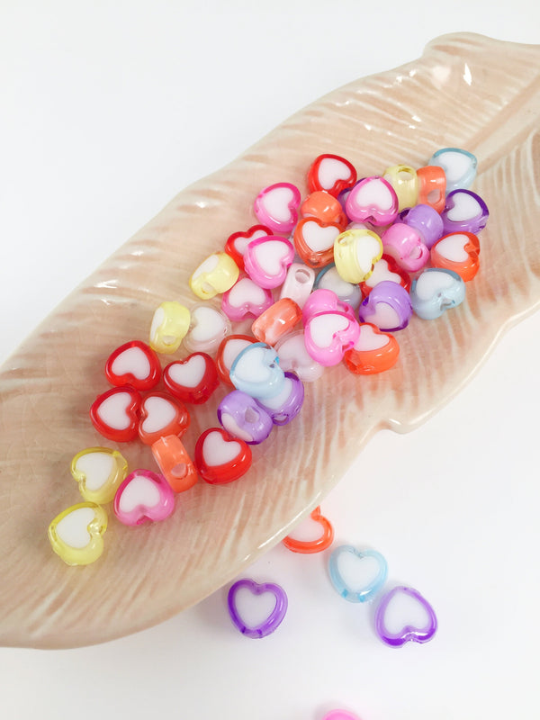 100 x Multicolour Flat Heart Beads, 7x8mm Acrylic Heart Spacer Beads (3079)