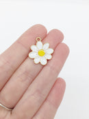 6 x Enamel Daisy Charms, 23x21mm Gold Plated Daisy Pendants (3487)