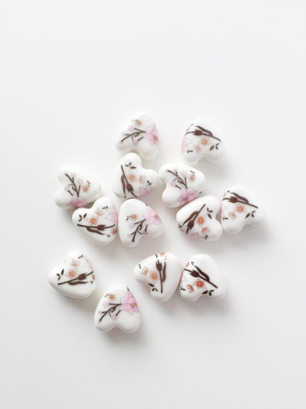 6 x Pink Magnolia Porcelain Heart Beads, 20x15mm (3098)