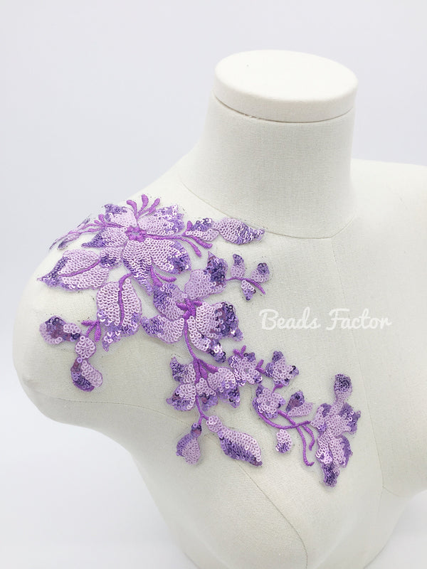 Purple Sequins Beaded Floral Lace Applique for Evening Dress Dancewear Leotards