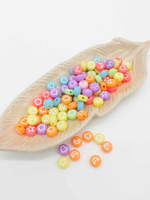100 x Bright Neon Bracelet Acrylic Beads with Star, Moon, Heart, Flower Pattern, 7x4mm (3082)