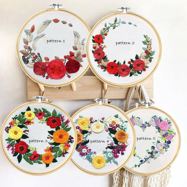 Full Embroidery Kit for Beginners, Floral Wreath Pattern