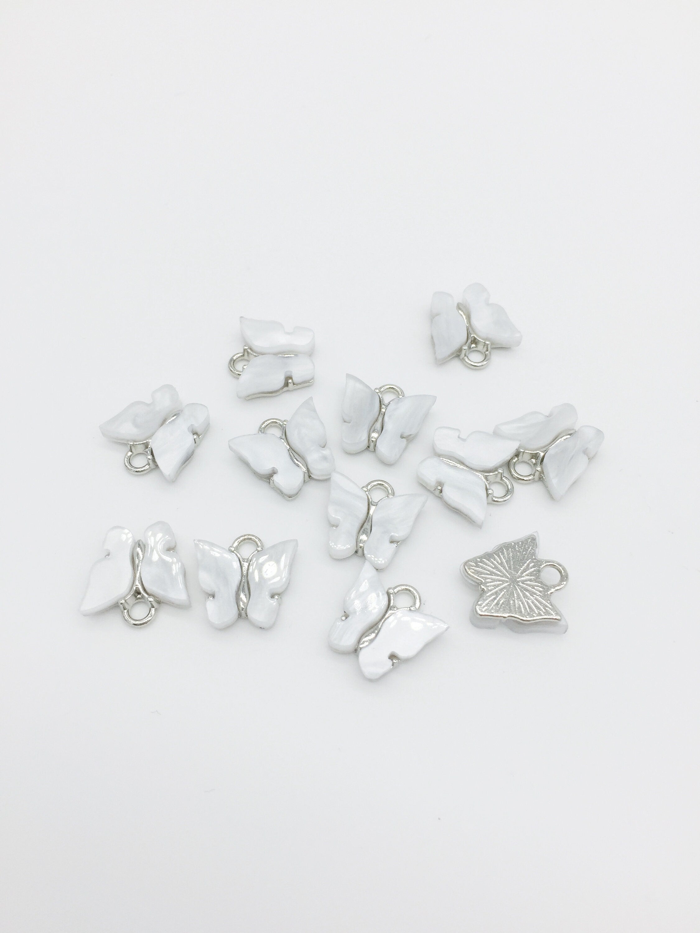 4 x Rhodium Plated White Resin Butterfly Charms, 12.5x13mm (2778)