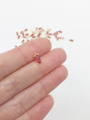 2 x Tiny Bright Pink Baguette Cut Crystal Pendants, 4x8mm Gold Rectangular Charms (1248)