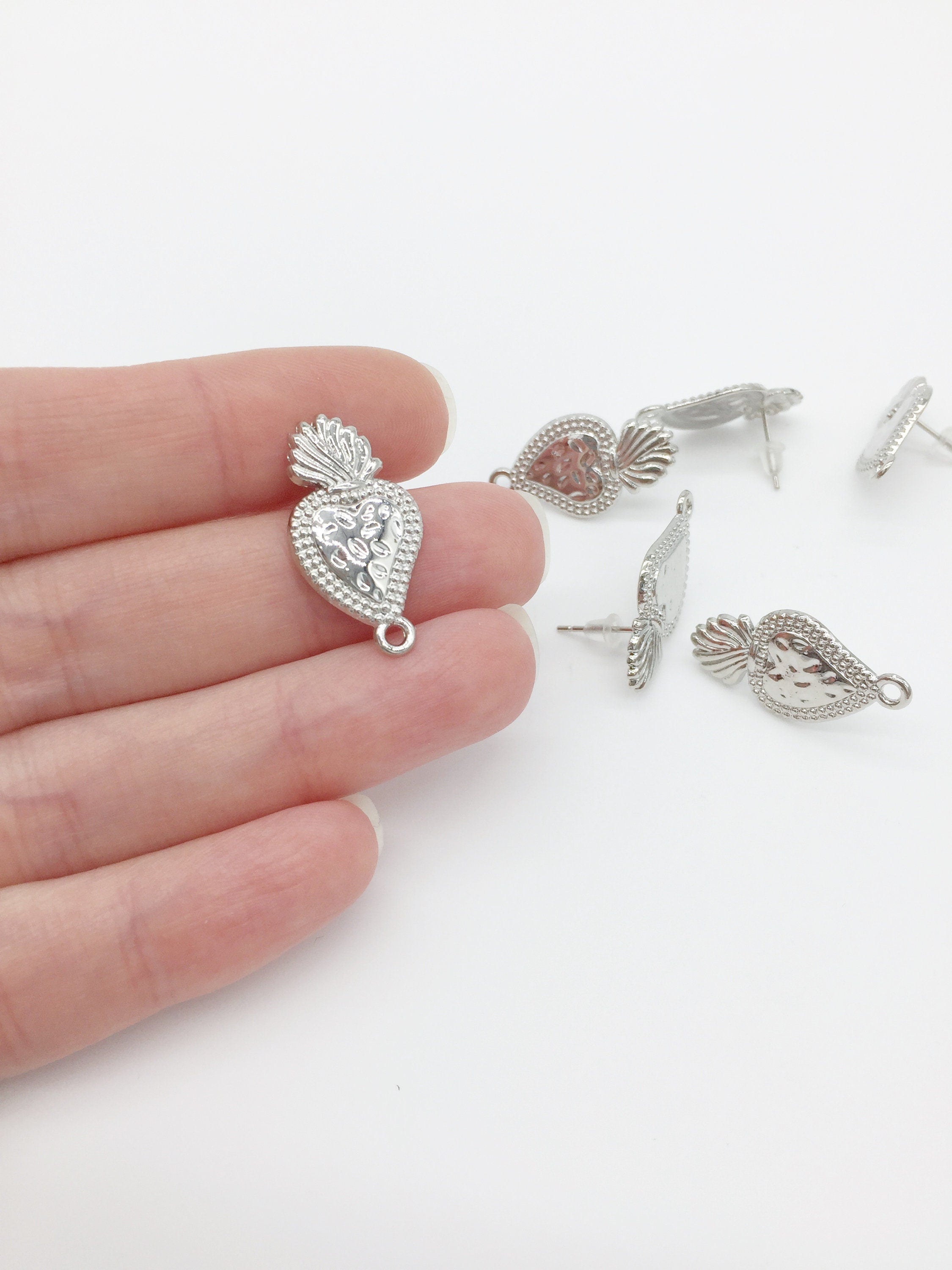 1 pair x Rhodium Plated Sacred Heart Earring Studs with Loops, Flaming Heart Earrings (2735)