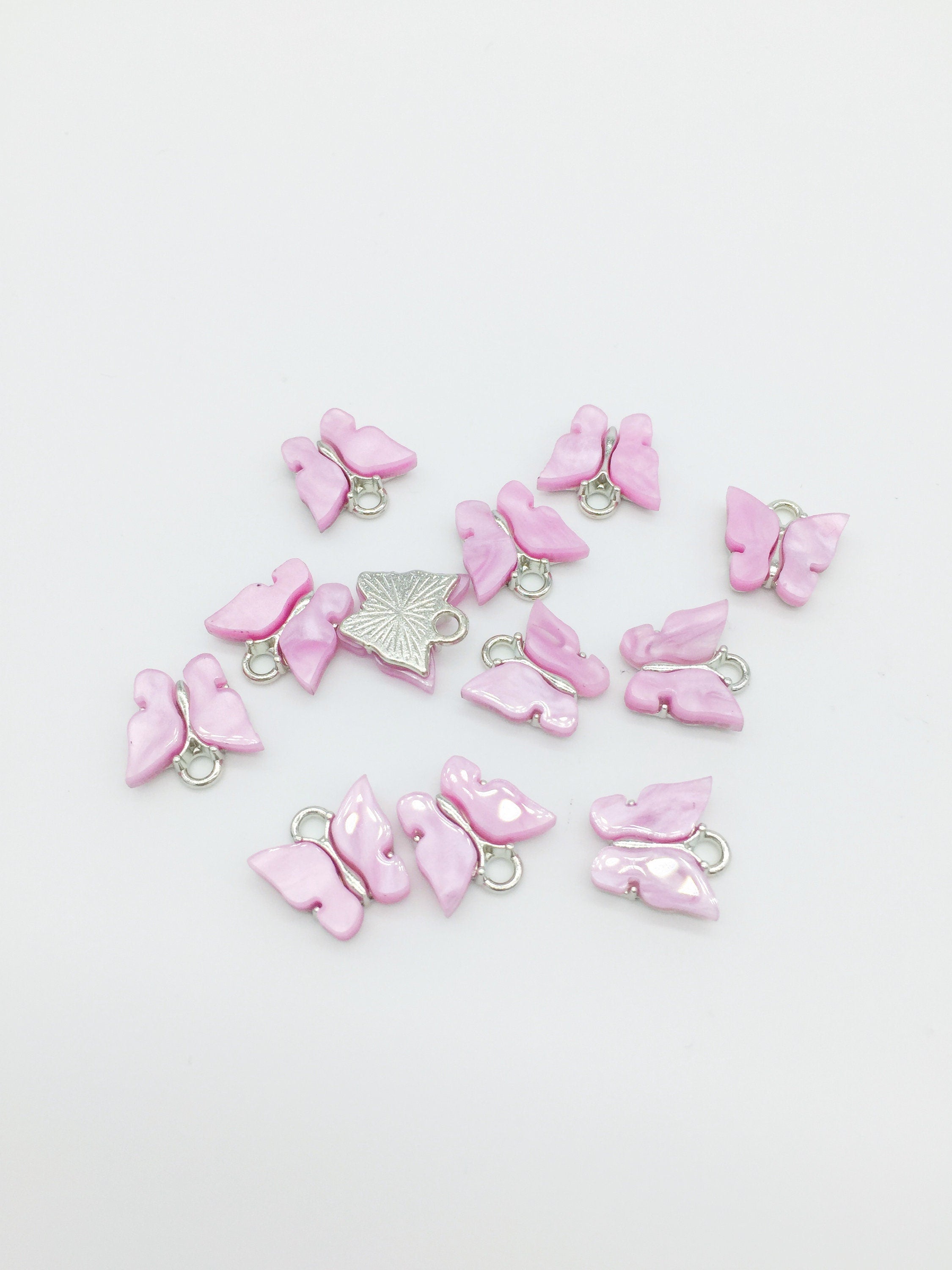 4 x Rhodium Plated Pink Resin Butterfly Charms, 12.5x13mm (2778)