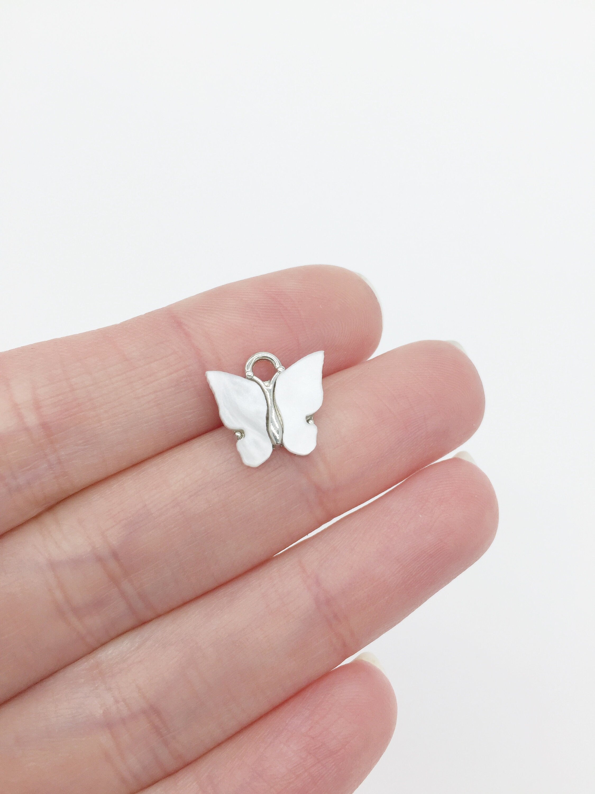 4 x Rhodium Plated White Resin Butterfly Charms, 12.5x13mm (2778)