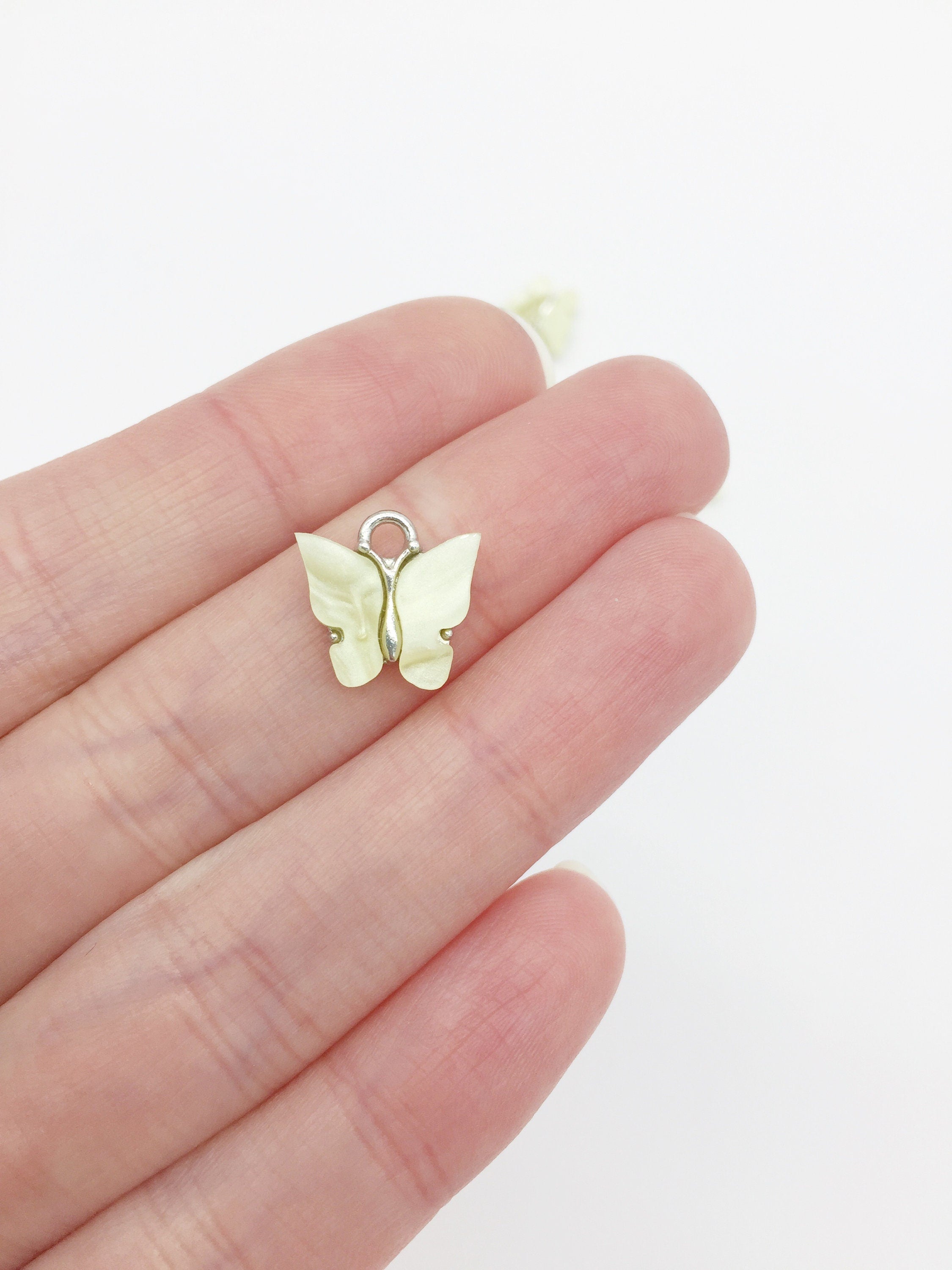 4 x Rhodium Plated Yellow Resin Butterfly Charms, 12.5x12mm (2778)