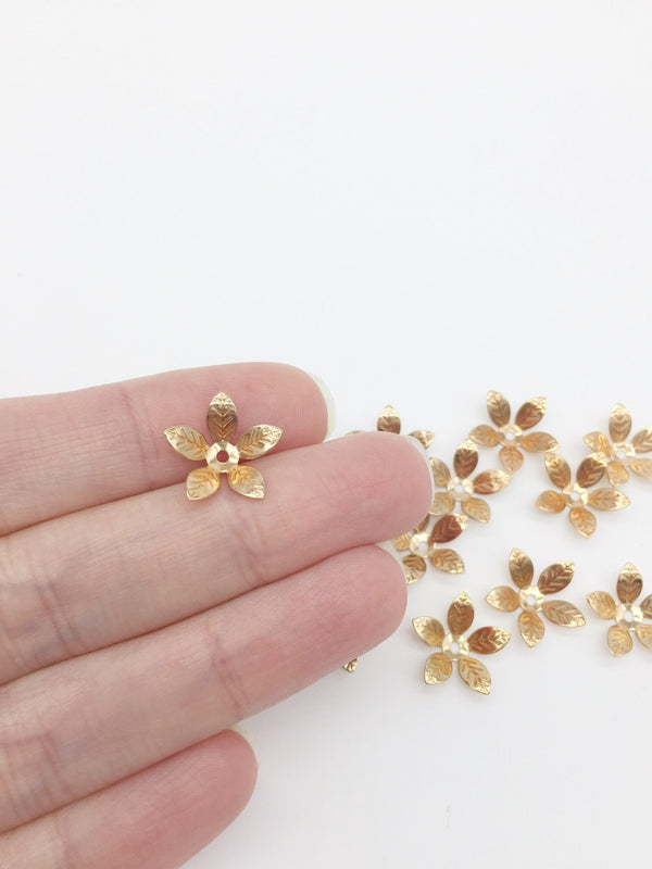 10 x Champagne Gold 5 Petal Flower Bead Caps, 15mm Metal Flower Beads