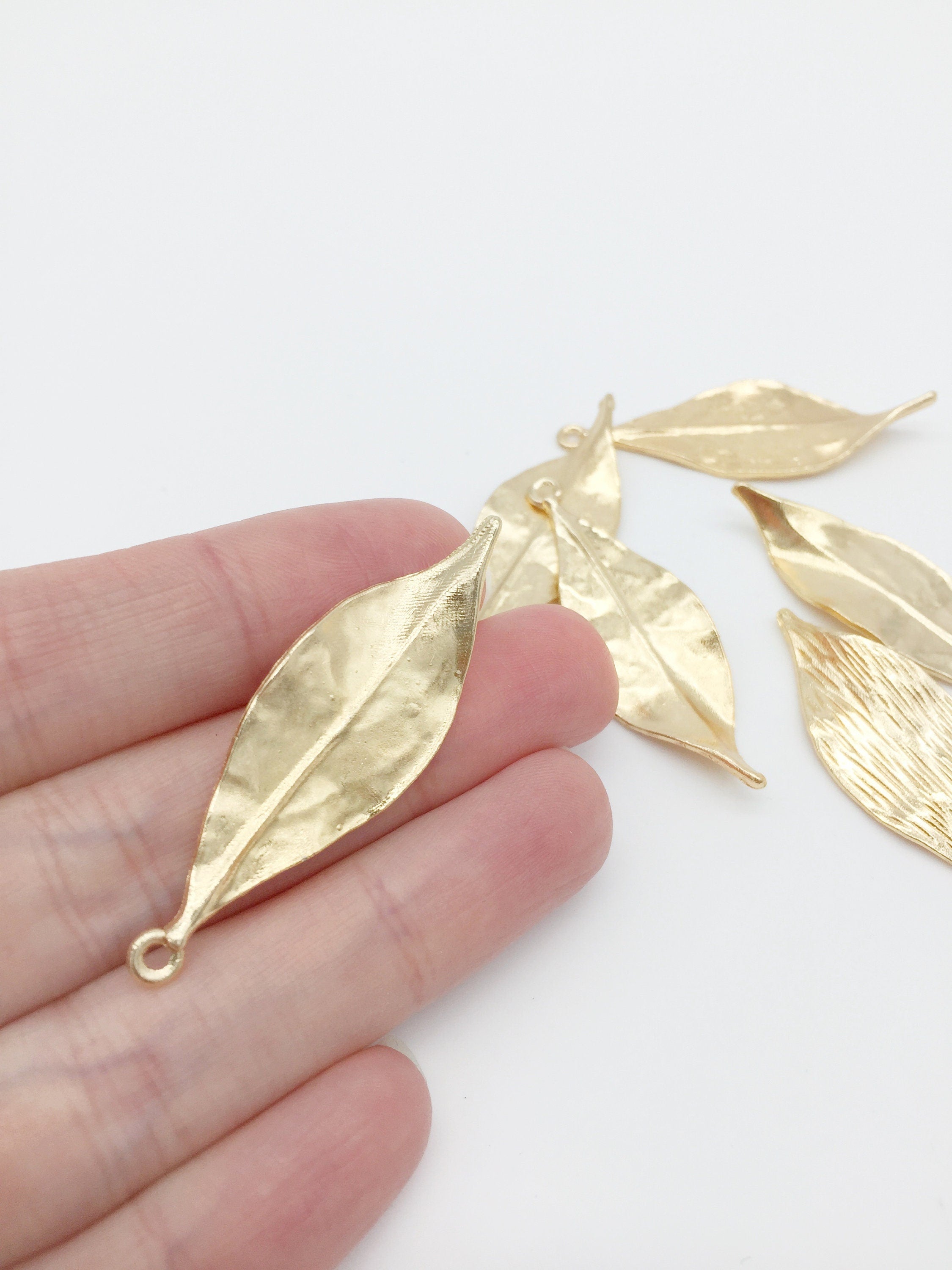 4 x Large Champagne Gold Metal Leaf Pendants, 47x15mm