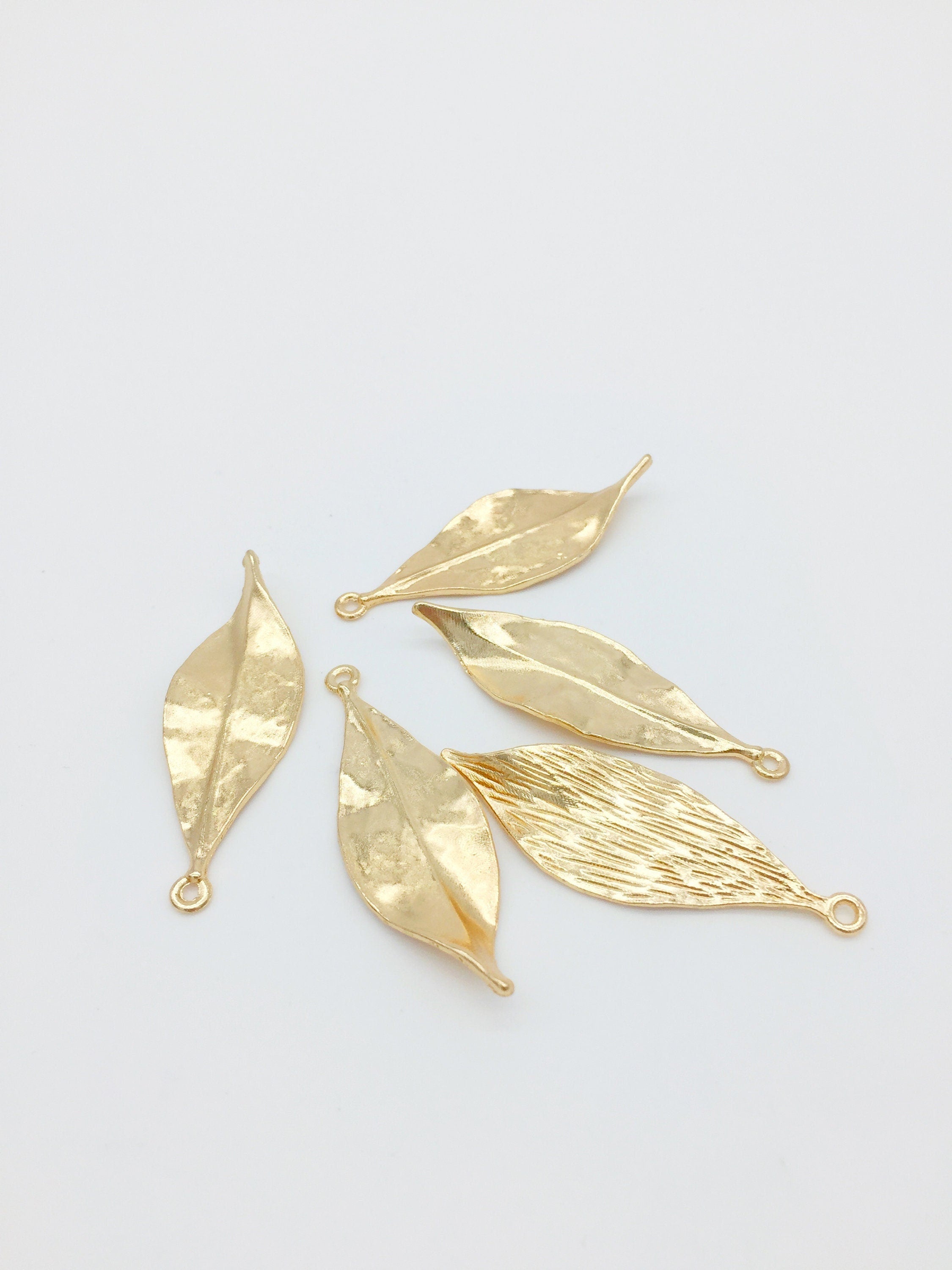 4 x Large Champagne Gold Metal Leaf Pendants, 47x15mm