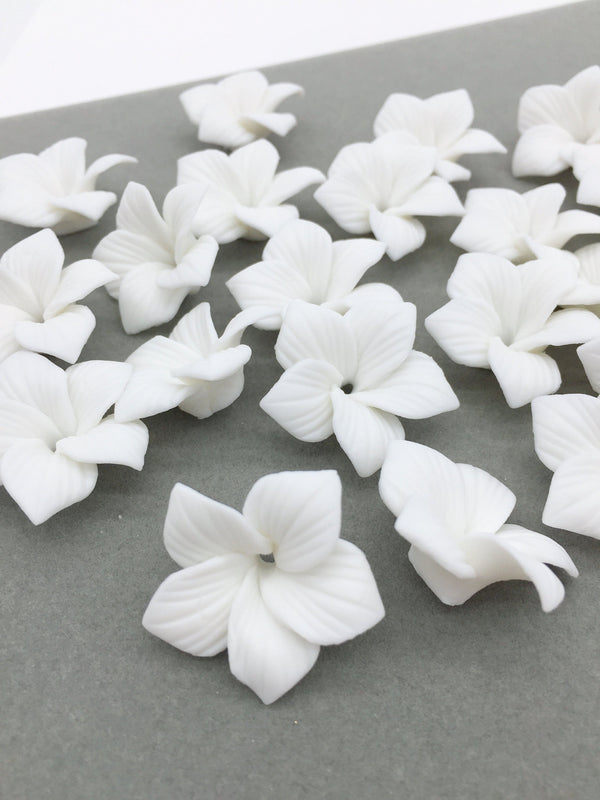 6 x Ceramic Flower Beads, White Porcelain Pointed Petal Flowers, 25-27mm