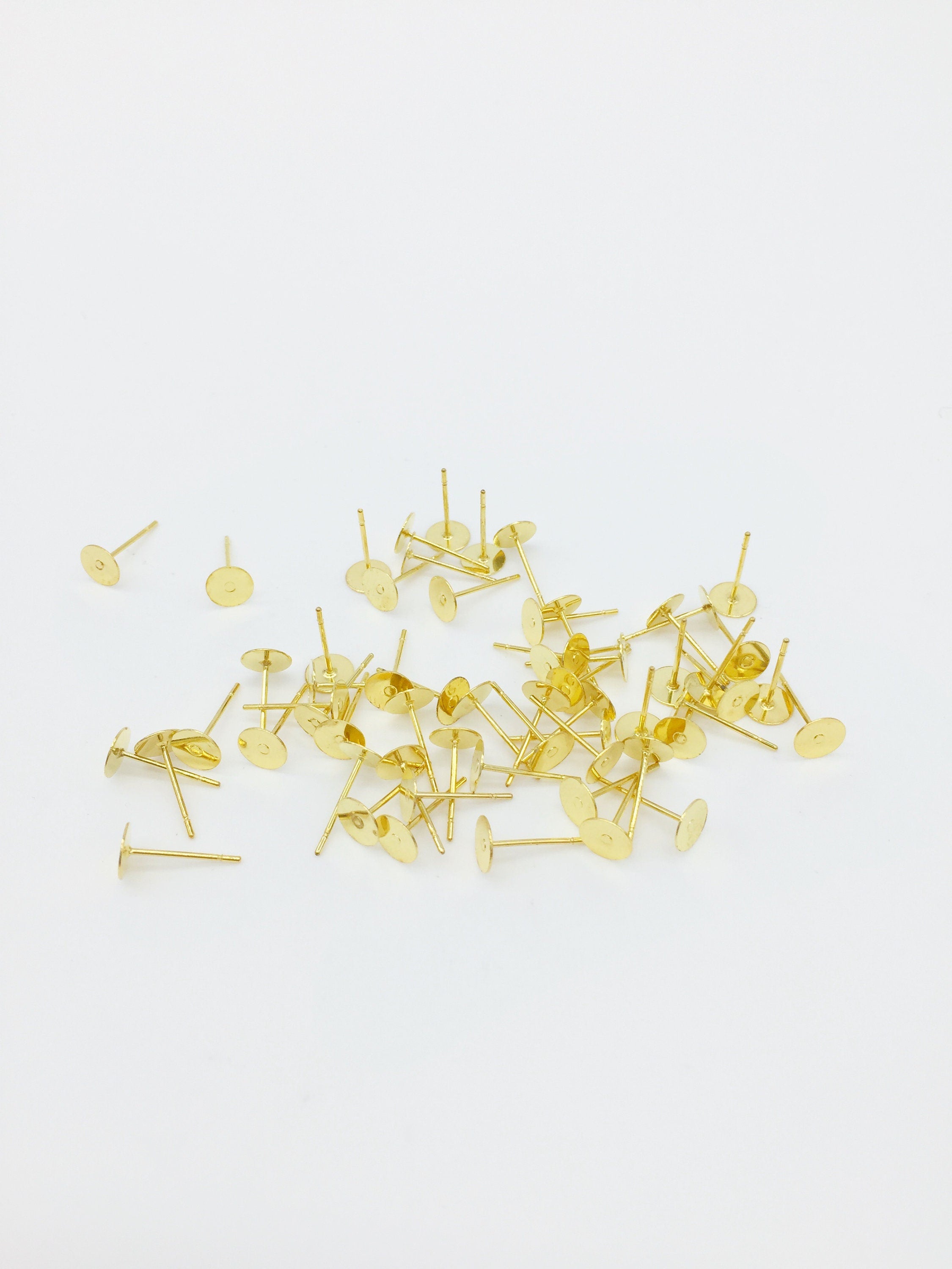 25 pairs x 6mm Gold Flat Pad Earring Studs, 12mm (1489)