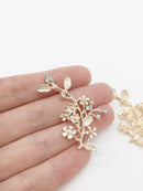2 x Rose Gold Crystal Flower Branch Charms, 40x25mm