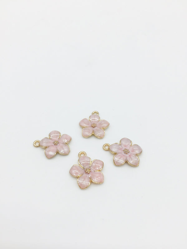 4 x Gold Plated Pearl Pink Enamel Flower Charms, 16x14mm