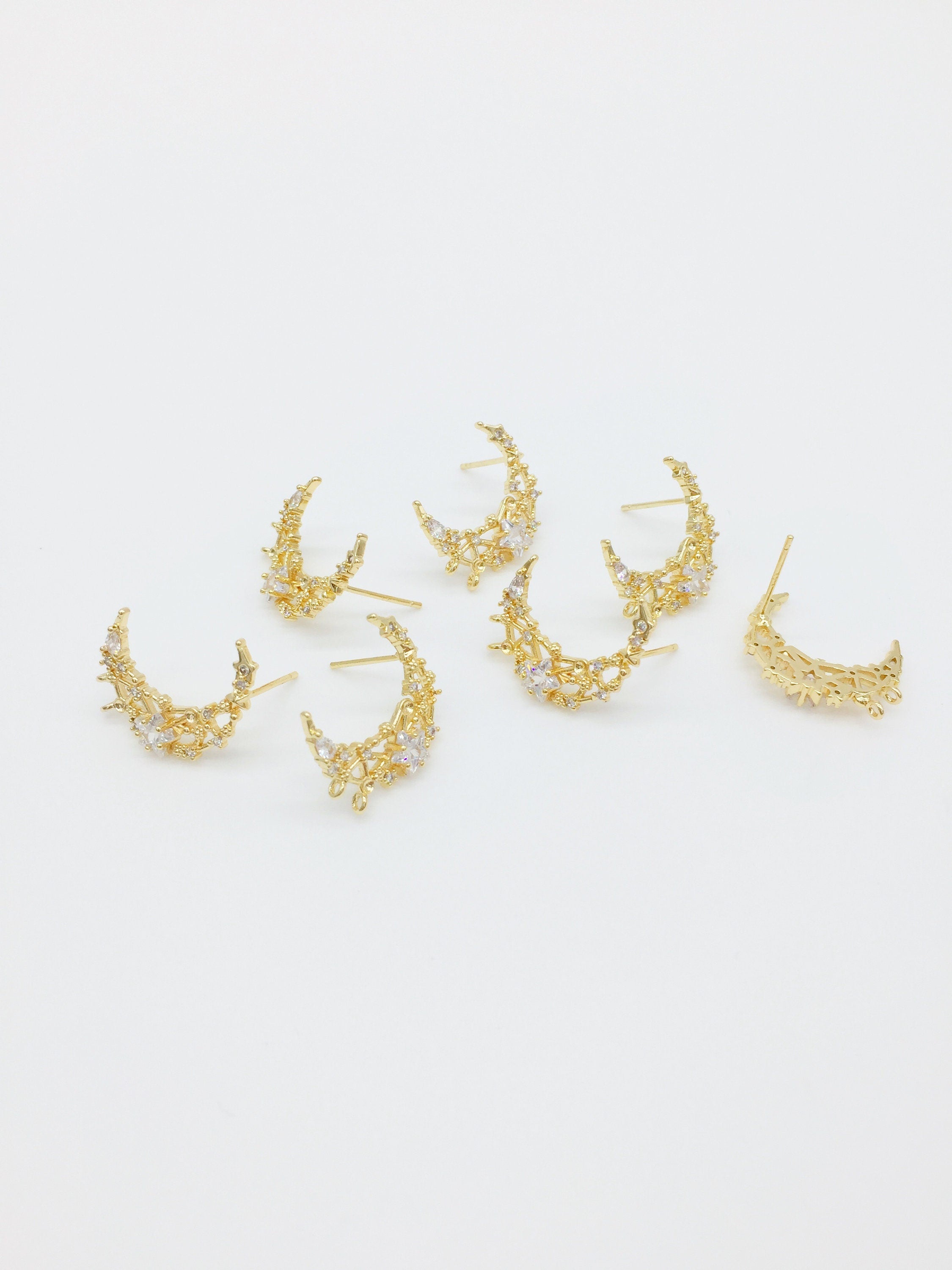 1 pair x 18K Gold Plated CZ Moon and Stars Earring Posts with Two Loops, 20x15.5mm (0407)