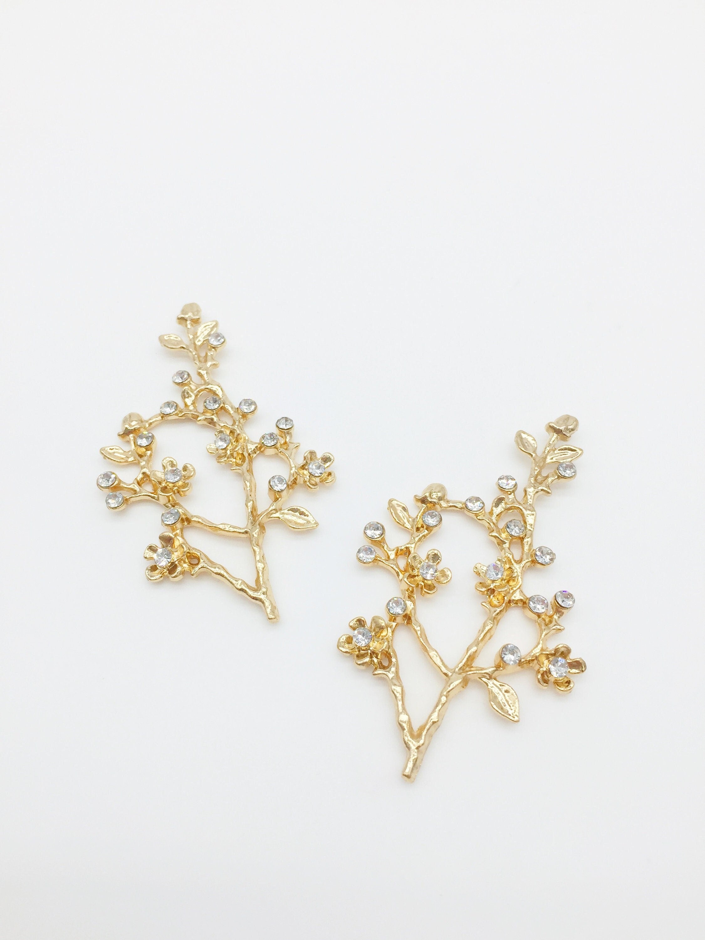 2 x Gold Plated Crystal Blooming Tree Branch Blanks, 65x37mm (0846)
