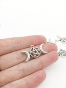 10 x Antique Silver Triple Moon Pendants, 30x16mm Moon and Pentagram Charms (3193)