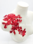 Scarlet Red Embroidered Lace Applique with Sequins, 29x15cm