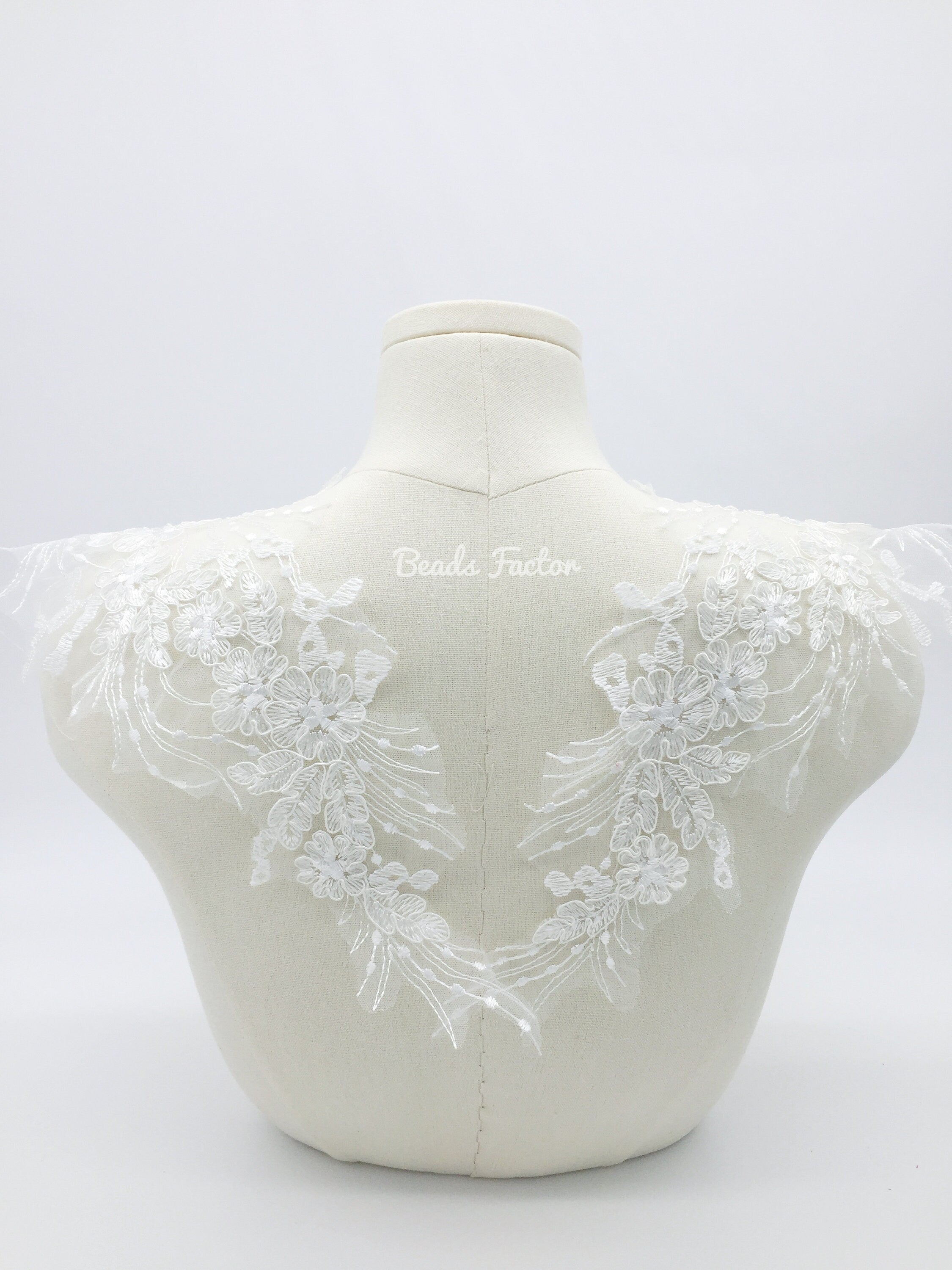 Large Mirrored Pair Flower Lace Applique, Ivory Embroidery Lace Patch