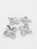 2 x Rhodium Plated Flower Cabochons with Pearl Centre, 43x40mm (3226)