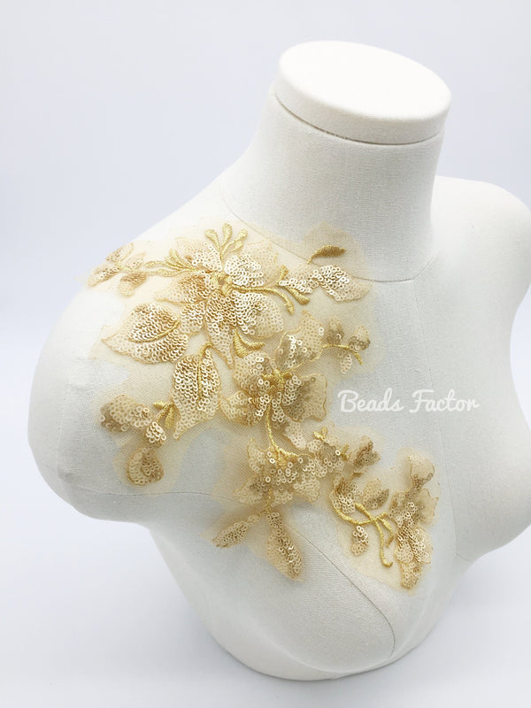 Gold Floral Lace Patch, 29x15cm Flower Lace Applique with Sequins