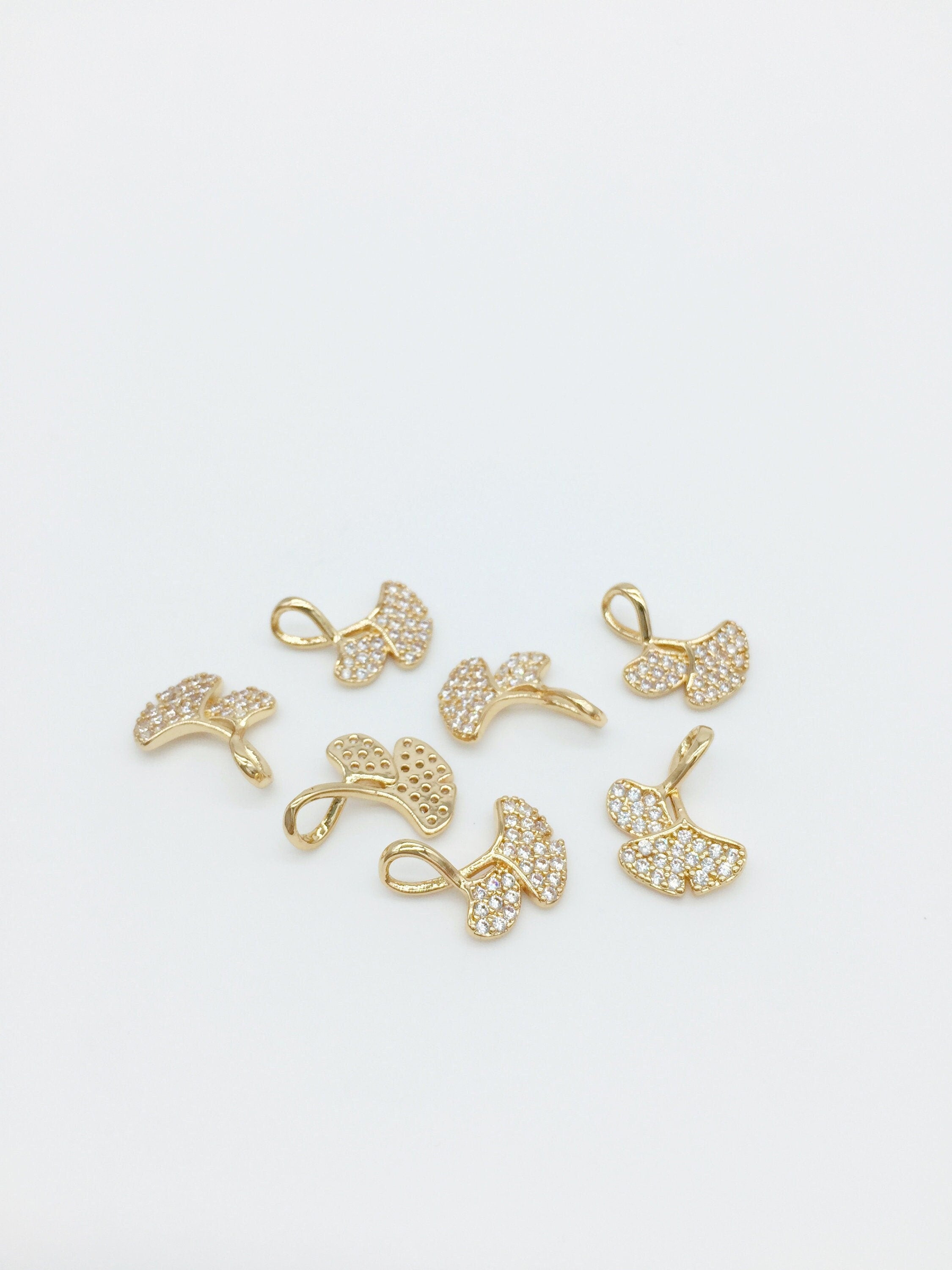 1 x Gold Plated Ginkgo Leaf Charm with Cubic Zirconia, 16x13mm (3277)