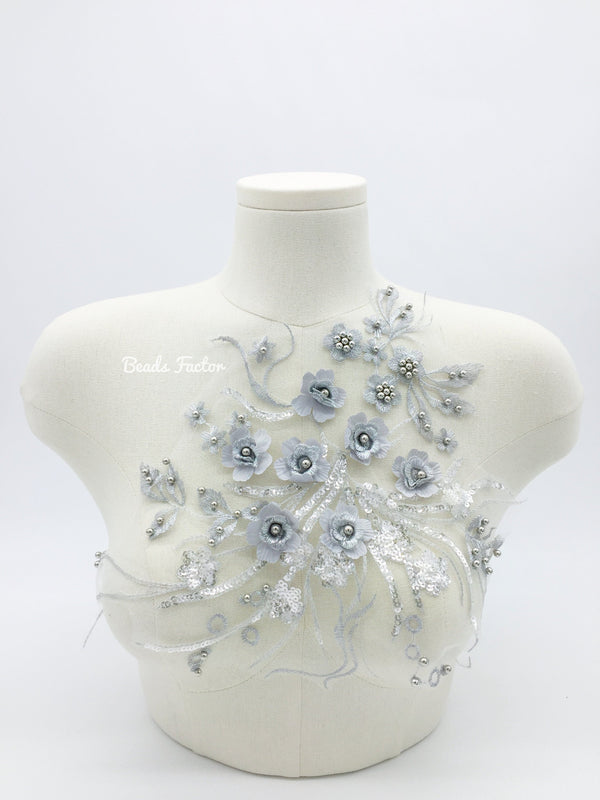 Silver 3D Flower Lace Bodice Applique, 40x30cm Silver Embroidery Lace Patch